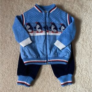Matching 3 Piece Penguin Themed Vest, Sweater & Cords Set